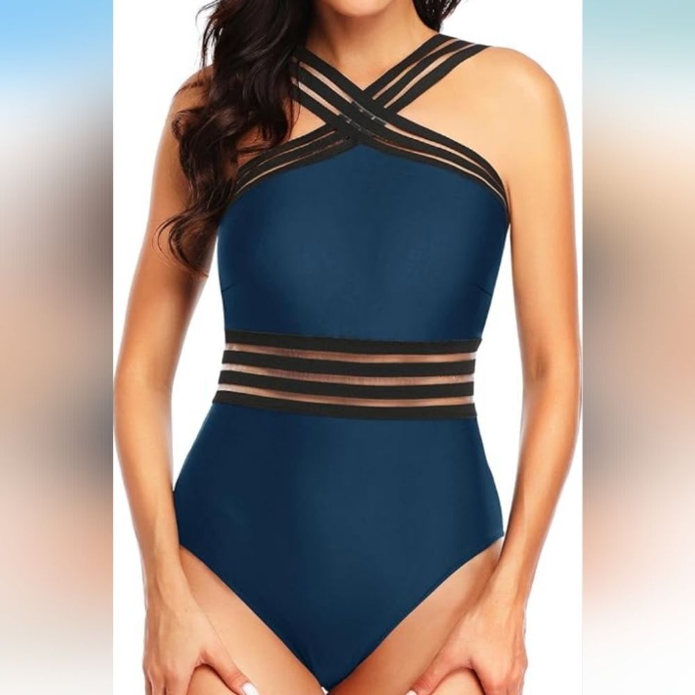 Women’s Navy One-Piece Swimsuit with Sheer Straps